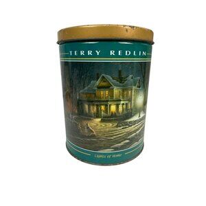 Terry Redlin Lights Of Home Metal Tin Canister With Rustic Winter Scene Design